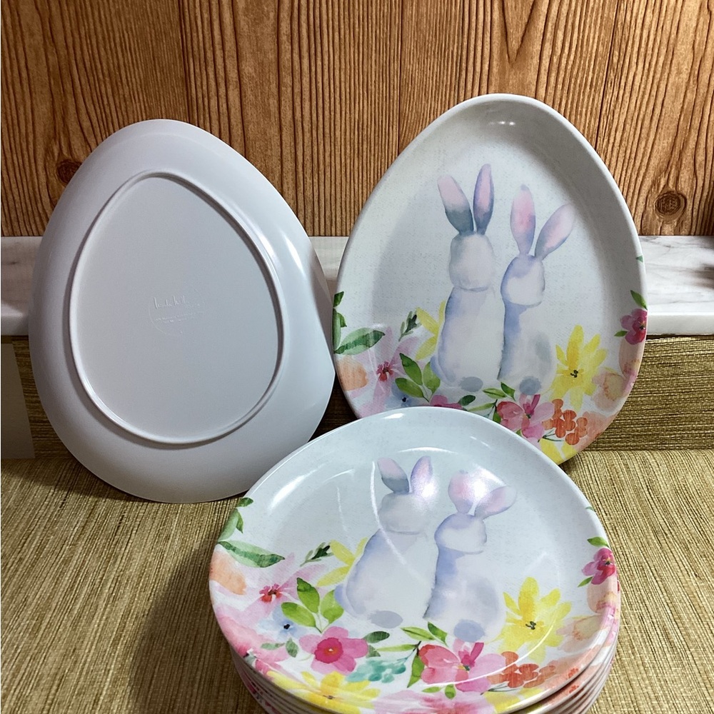 Nicole Miller Melamine Floral Bunny Plates Set of 8 9.5”x7.5”
